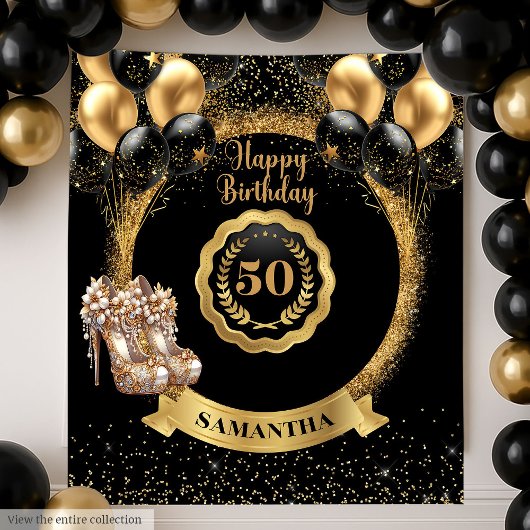 Stilvolle Black Gold 50. Geburtstag Bannerdekor Wandteppich