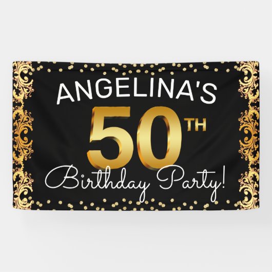 Stilvolle Black & Gold 50. Geburtstagsparty Banner (Horizontal)