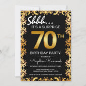 Stilvolle Black & Gold 70. Überraschung Geburtstag Einladung (Vorderseite)