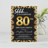 Stilvolle Black & Gold 80. Überraschung Geburtstag Einladung (Stehend Vorderseite)