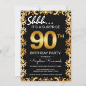 Stilvolle Black & Gold 90. Überraschung Geburtstag Einladung (Vorderseite)