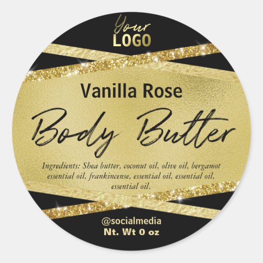 Stilvolle Black Gold Foil Glitzer Body Butter Labe Runder Aufkleber (Vorderseite)