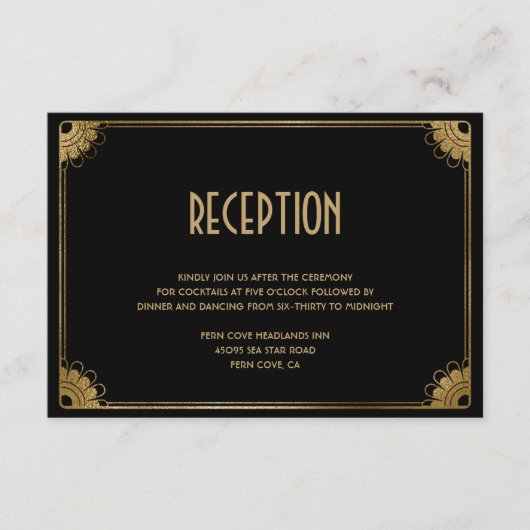 Stilvolle Black Gold Fun Art Deco Hochzeitsempfehl Begleitkarte (Vorderseite)