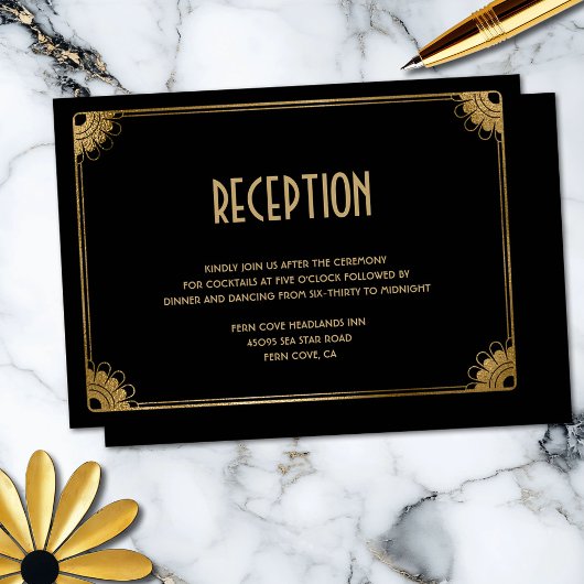 Stilvolle Black Gold Fun Art Deco Hochzeitsempfehl Begleitkarte