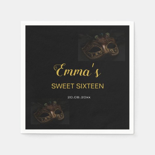 Stilvolle Black & Gold Masquerade Maske 16 Geburts Serviette (Vorderseite)