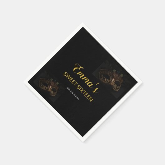 Stilvolle Black & Gold Masquerade Maske 16 Geburts Serviette (Ecke)