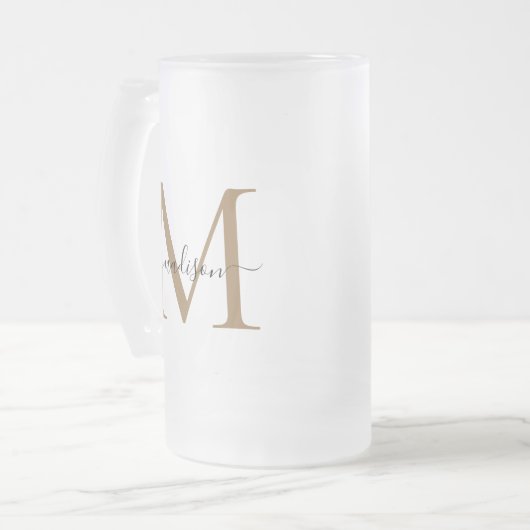 Stilvolle Black Gold Monogram Eleganter Skriptname Mattglas Bierglas (Vorderseite Links)