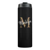 Stilvolle Black Gold Monogram Girly Script Thermosbecher (Vorderseite)