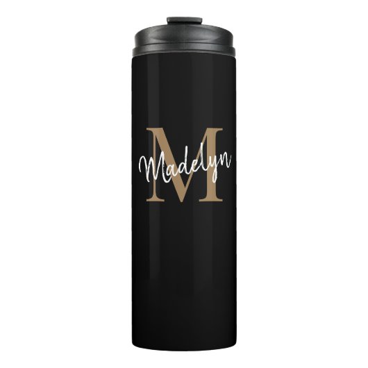Stilvolle Black Gold Monogram Girly Script Thermosbecher (Vorderseite)