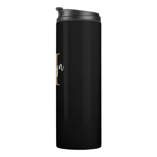 Stilvolle Black Gold Monogram Girly Script Thermosbecher (Nach rechts gedreht)