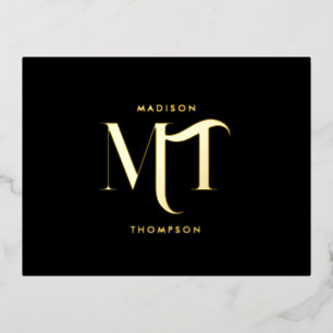 Stilvolle Black & Gold Monogram Initials Letters Folien Feiertagspostkarte