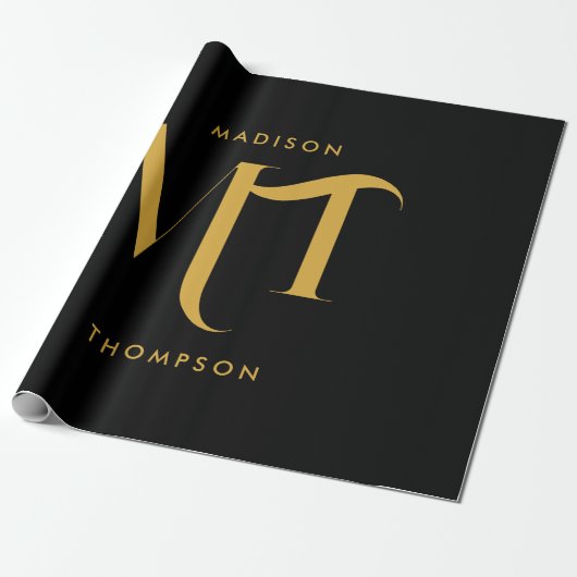 Stilvolle Black & Gold Monogram Initials Letters Geschenkpapier (Ungerollt)