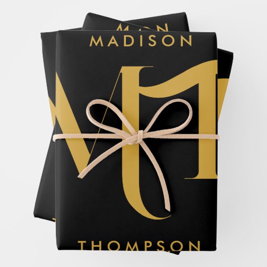 Stilvolle Black & Gold Monogram Initials Letters Geschenkpapier Set (Beispiel)