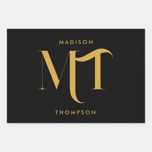 Stilvolle Black & Gold Monogram Initials Letters Geschenkpapier Set (Vorderseite)