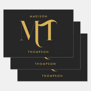 Stilvolle Black & Gold Monogram Initials Letters Geschenkpapier Set