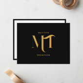 Stilvolle Black & Gold Monogram Initials Letters Mitteilungskarte (Vorderseite/Rückseite Beispiel)