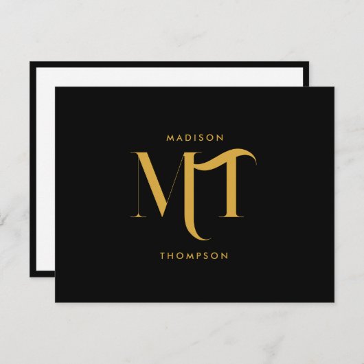 Stilvolle Black & Gold Monogram Initials Letters Mitteilungskarte (Vorne/Hinten)