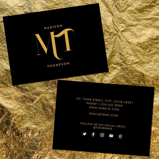 Stilvolle Black & Gold Monogram Social Media Icons Visitenkarte