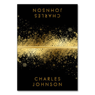 Stilvolle Black & Gold Schneeflocken   PLATZKARTEN Tischnummer