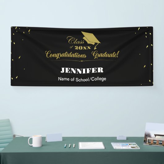 Stilvolle Black Gold Script Glückwunsch Abschluss  Banner (Messe)