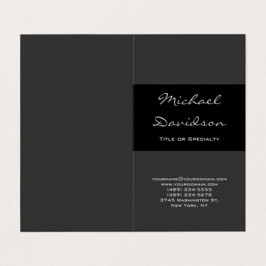 Stilvolle Black Gray Classical Script Business Car Visitenkarten (Außenseite Aufgefaltet)