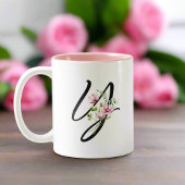 Stilvolle Black Letter "Y" Rosa Blume Blätter Zweifarbige Tasse