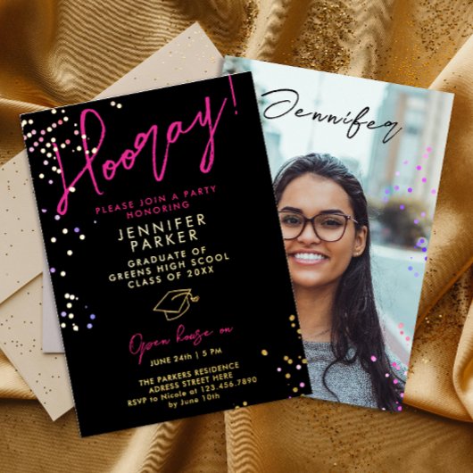Stilvolle Black Pink Glitzer School Grad Foto Folieneinladung