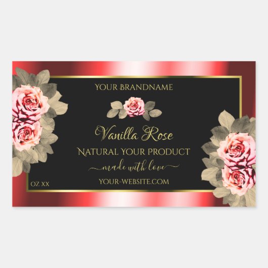 Stilvolle Black Red Product Labels Floral Niedlich Rechteckiger Aufkleber (Vorderseite)