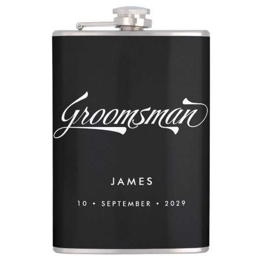 Stilvolle Black Retro Typografy Trauzeuge Hochzeit Flachmann (Vorderseite)