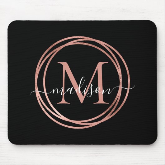 Stilvolle Black Rose Gold Blush Pink Monogram Circ Mousepad (Vorne)