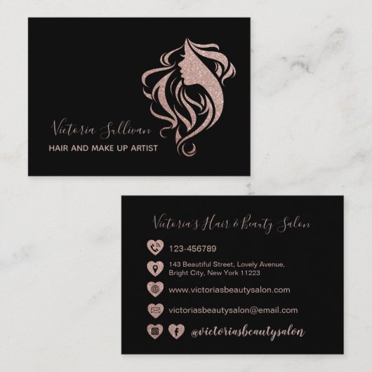 Stilvolle Black Rose Gold Glitzer Makeup Artist Ha Visitenkarte (Vorne/Hinten)