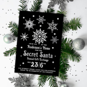 Stilvolle Black Secret Santa Snowflakes Einladung