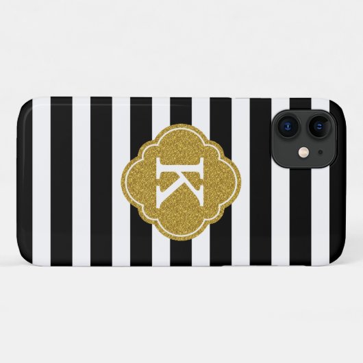 Stilvolle Black Stripes Gold Monogram Case-Mate iPhone Hülle (Rückseite (Horizontal))