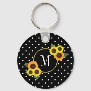 Stilvolle Black Vintag Floral Polka Dots Monogram  Schlüsselanhänger