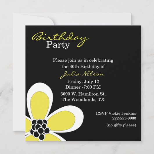 Stilvolle Black & Yellow Lady zum Geburtstag Einladung (Vorderseite)