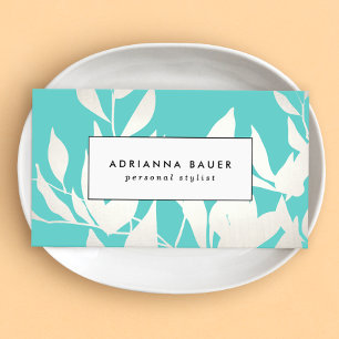 Stilvolle Blätter in Weiß und Türkis Visitenkarte