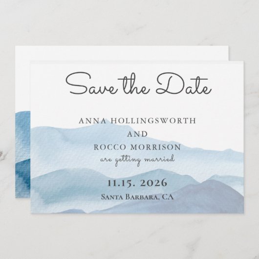 Stilvolle Blaue Berge Wasserfarbe Save the Date (Vorne/Hinten)