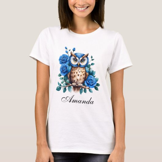 Stilvolle Blaue Eule und Rose T-Shirt (Vorderseite)