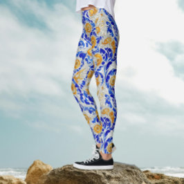Stilvolle Blaue Gelbe Sonnenblume Arabesque Wasser Leggings