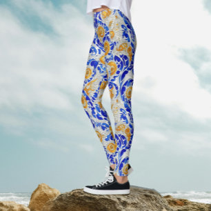 Stilvolle Blaue Gelbe Sonnenblume Arabesque Wasser Leggings