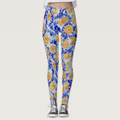 Stilvolle Blaue Gelbe Sonnenblume Arabesque Wasser Leggings (Vorderseite)