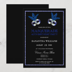 Stilvolle blaue Glitter-Masquerade zum 40. Geburts Einladung