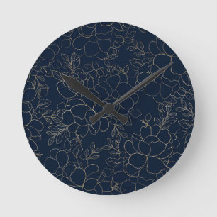 Stilvolle blaue Goldhandschuhe mit Blumen Runde Wanduhr