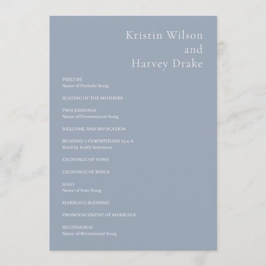 Stilvolle, blaue Hochzeit Programm (Vorderseite)