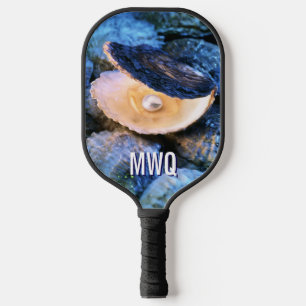 Stilvolle blaue Perlenauster-Monogramm Pickleball Schläger