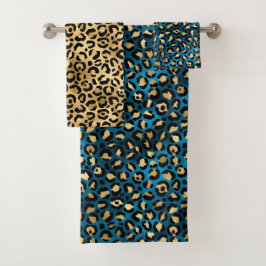 Stilvolle blaue und goldene Folien-Leopardenflecke Badhandtuch Set