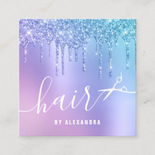 Stilvolle blaue und lila Glitzer Tropfen Schere Ha Quadratische Visitenkarte