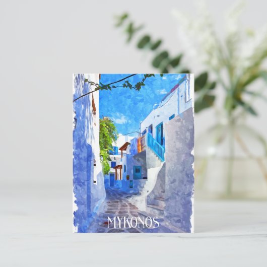 Stilvolle Blaue Weiße Mykonos Griechenland Wasserf Postkarte (Stehend Vorderseite)