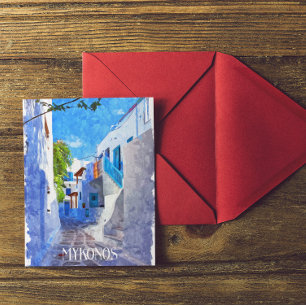 Stilvolle Blaue Weiße Mykonos Griechenland Wasserf Postkarte