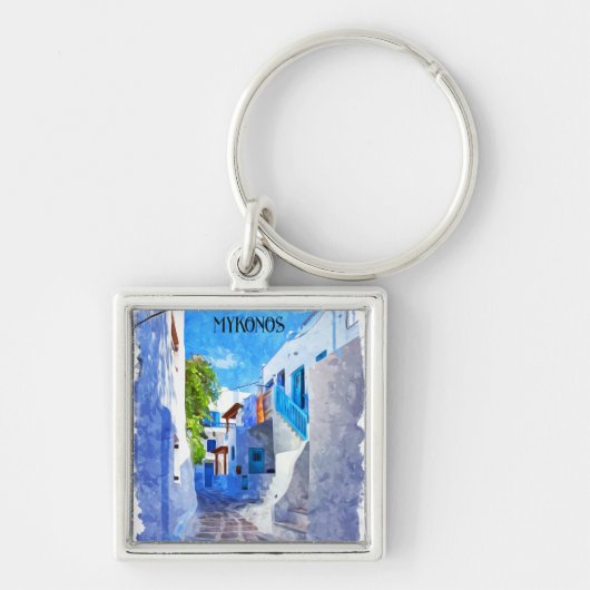 Stilvolle Blaue Weiße Mykonos Griechenland Wasserf Schlüsselanhänger (Vorne)